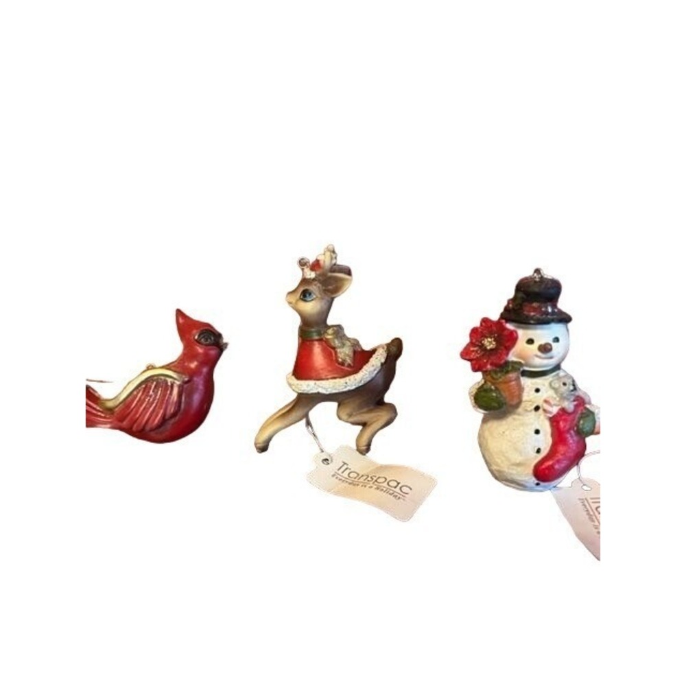 Set Of 3 Transpac Holiday Ornaments:‎ Reindeer Snowman & Cardinal